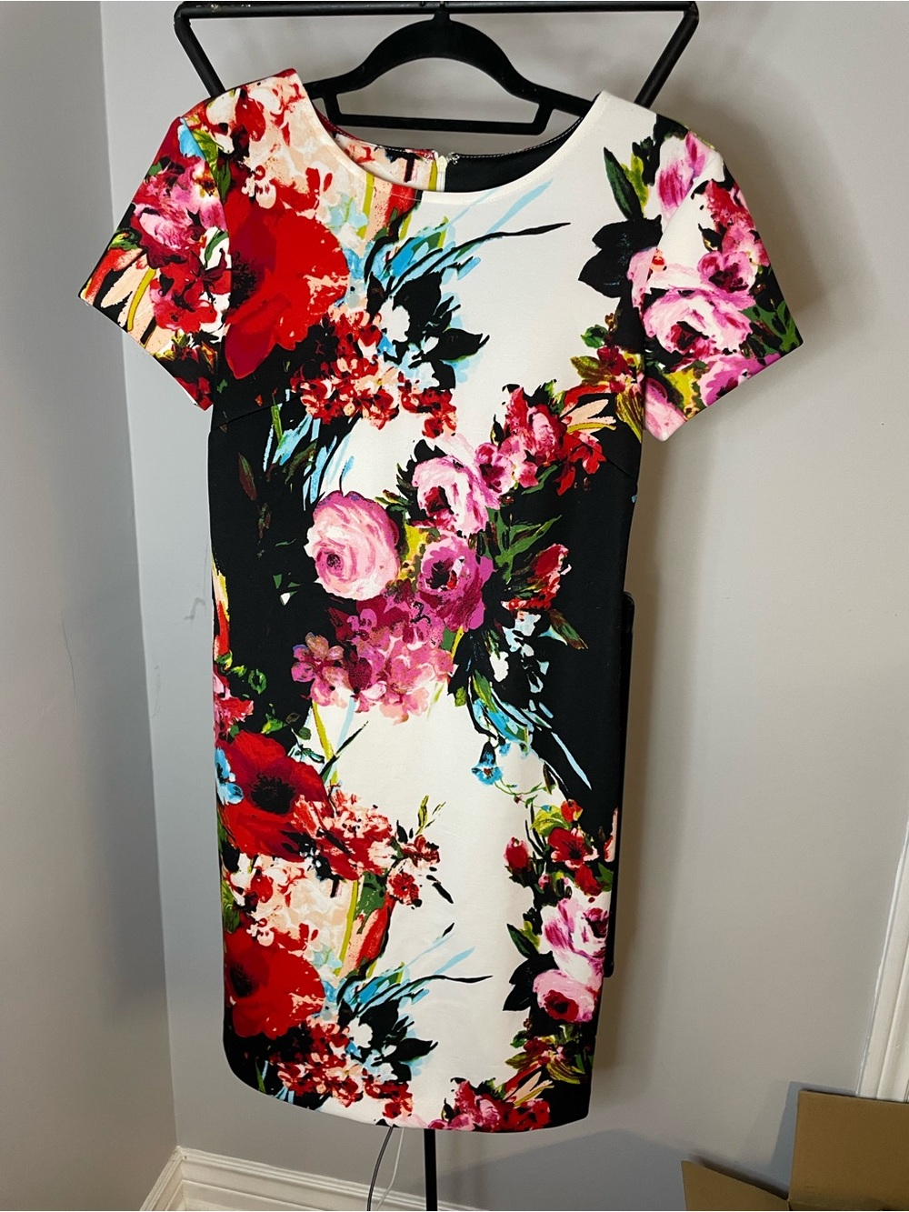 Sandra Darren Black & White Floral Midi Dress with Red and Pink Blooms